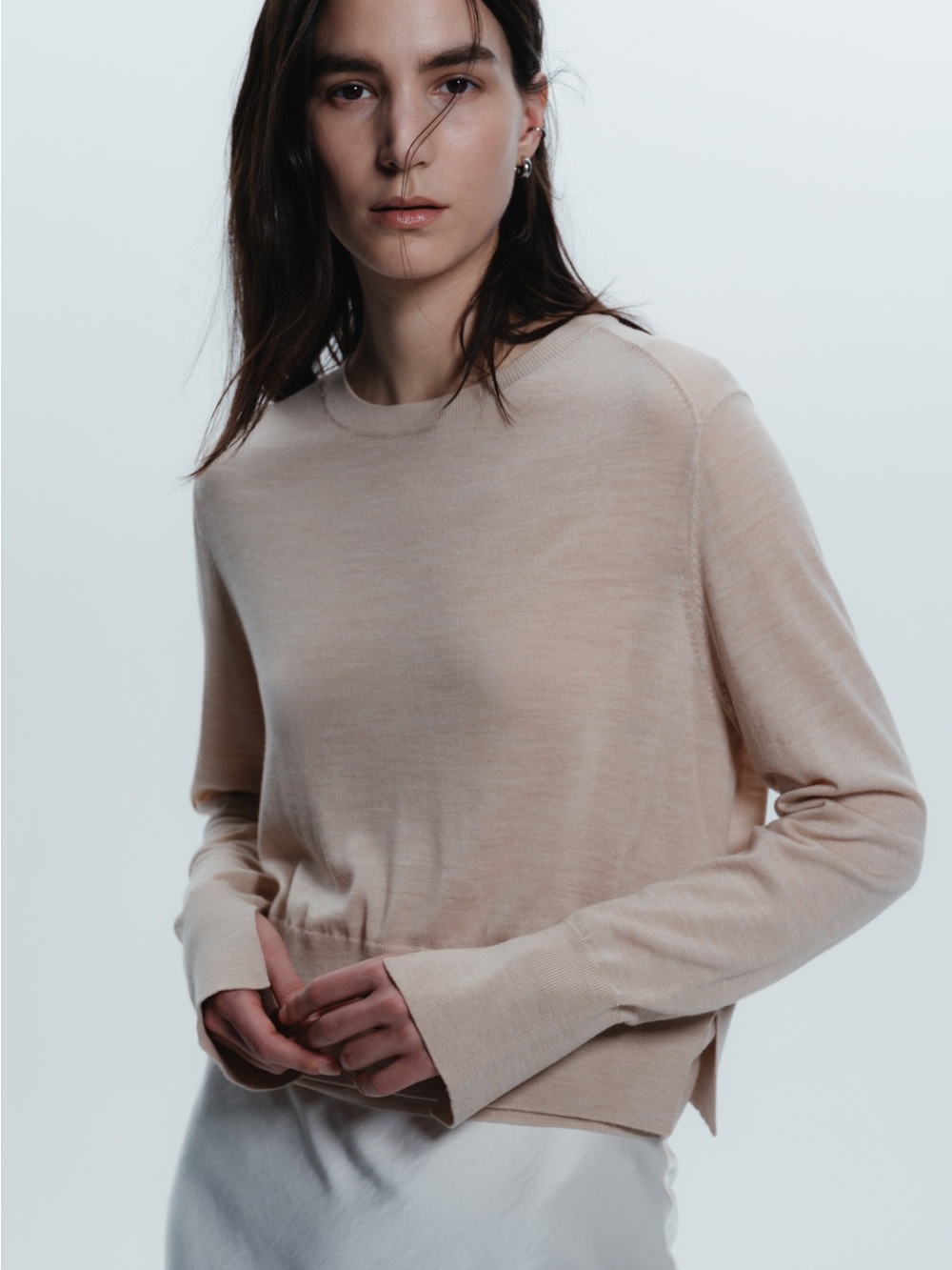 Saintart Elodie Layered Crewneck Knit 100% Merino Wool Oatmeal Beige Size XS